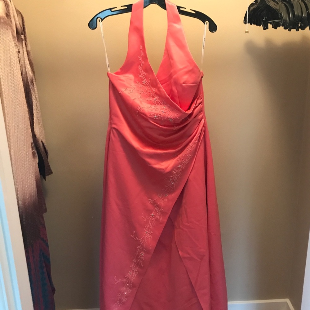 Coral halter gown with sequin detail